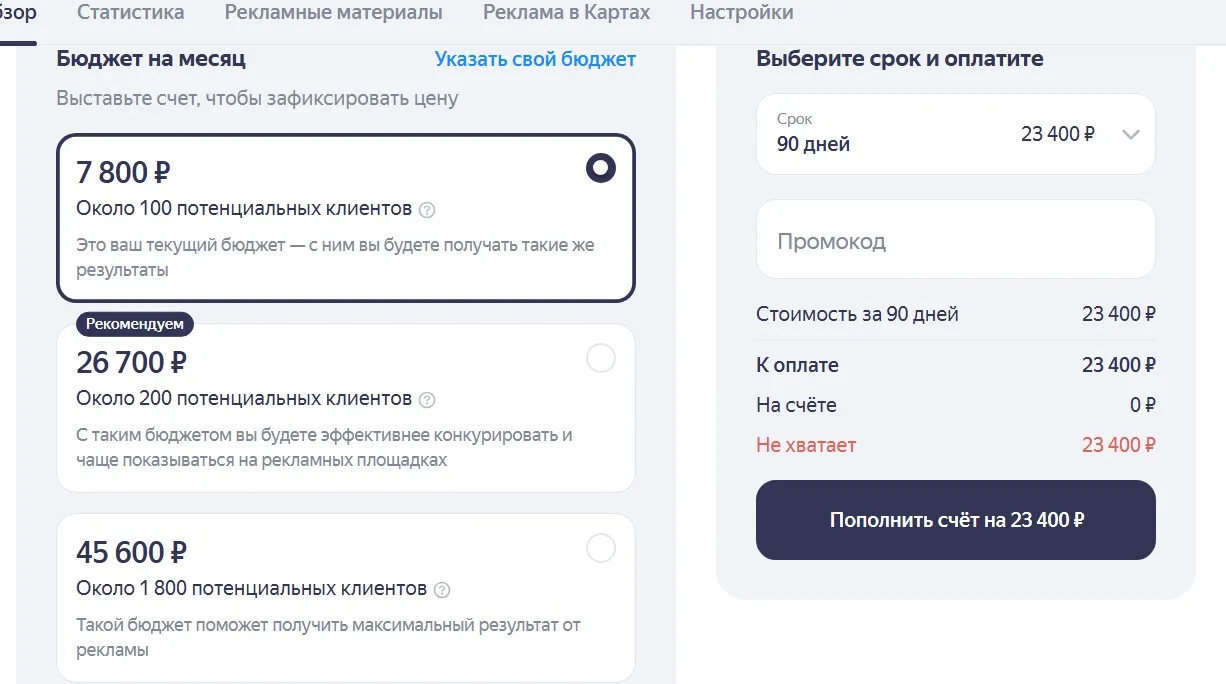 Пример бюджета рекламного размещения в Яндекс Картах